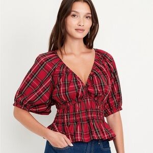 Old Navy Red Tartan Plaid Puff Sleeve Peplum Top Women’s Medium